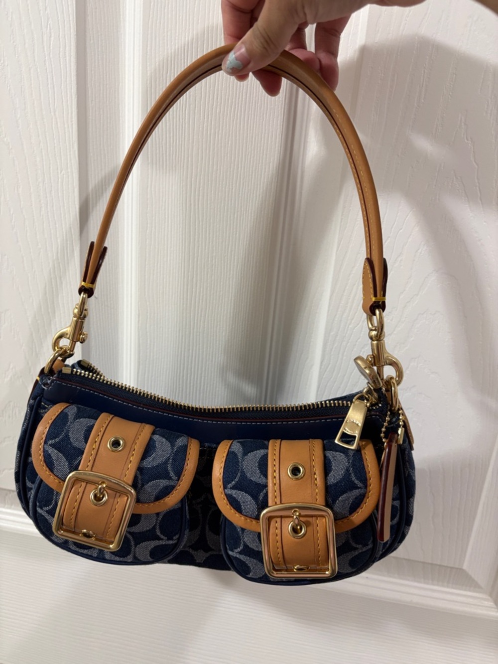 Coach Navy Signature Shoulder Bag with Tan Leather Trim and Gold Hardware